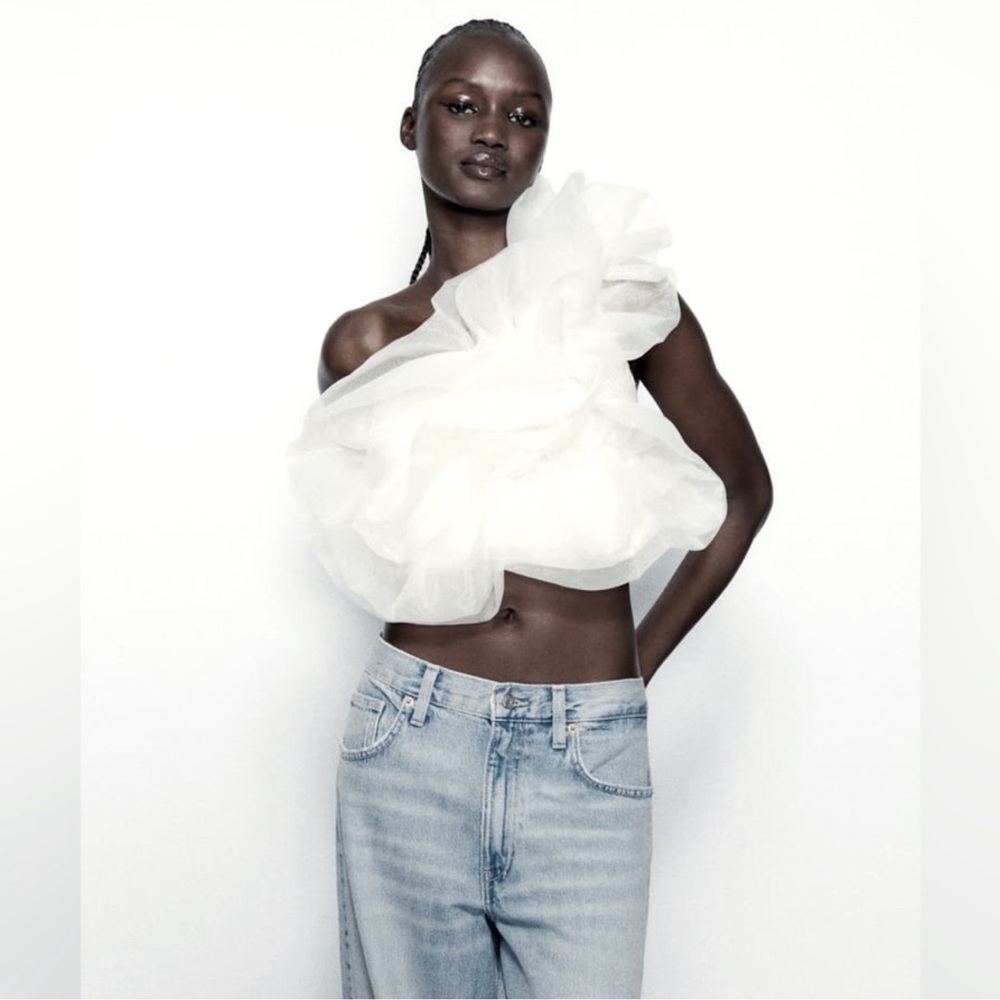 ZARA white ASYMMETRICAL RIB ORGANZA TOP NWT - Picture 2 of 7
